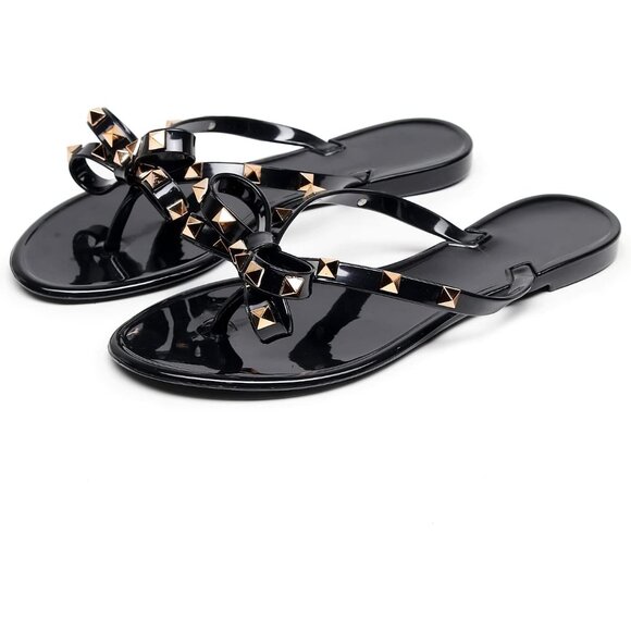 Women’s Black Flat Jelly Flip Flops with Bow and Rivets Summer Beach Sandals - Picture 7 of 9